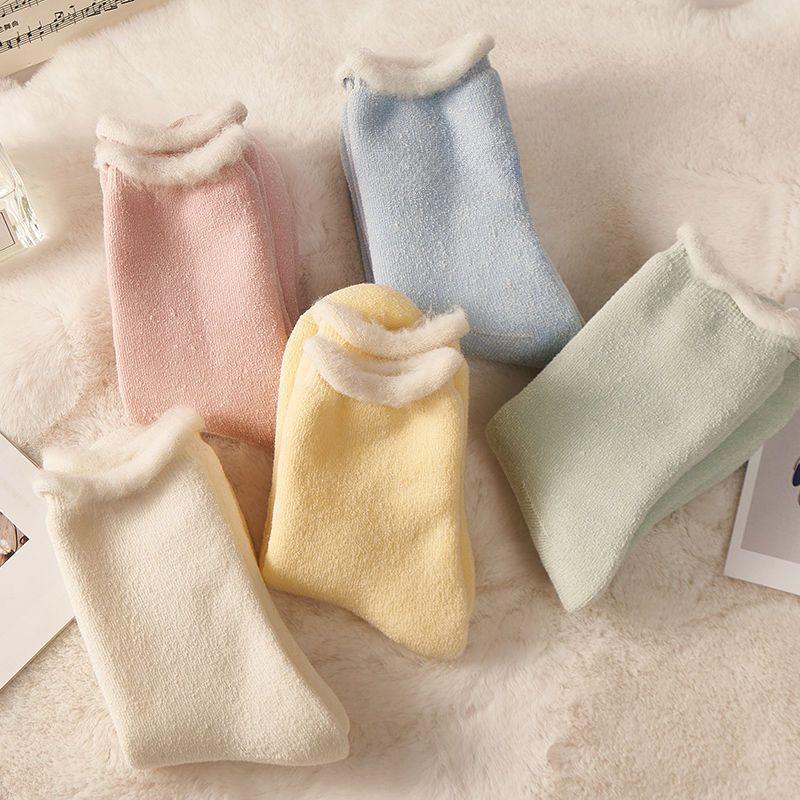 Women's Thick Plush Wool Winter Socks - Rolled Hem, Warm Terry Loop Style