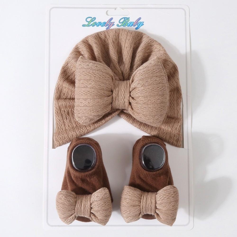 3Pcs/Set Bow Baby Fetal Cap 0-12 Months Newborn Turban Hat Indian Cap Baby Hat Socks Set Autumn