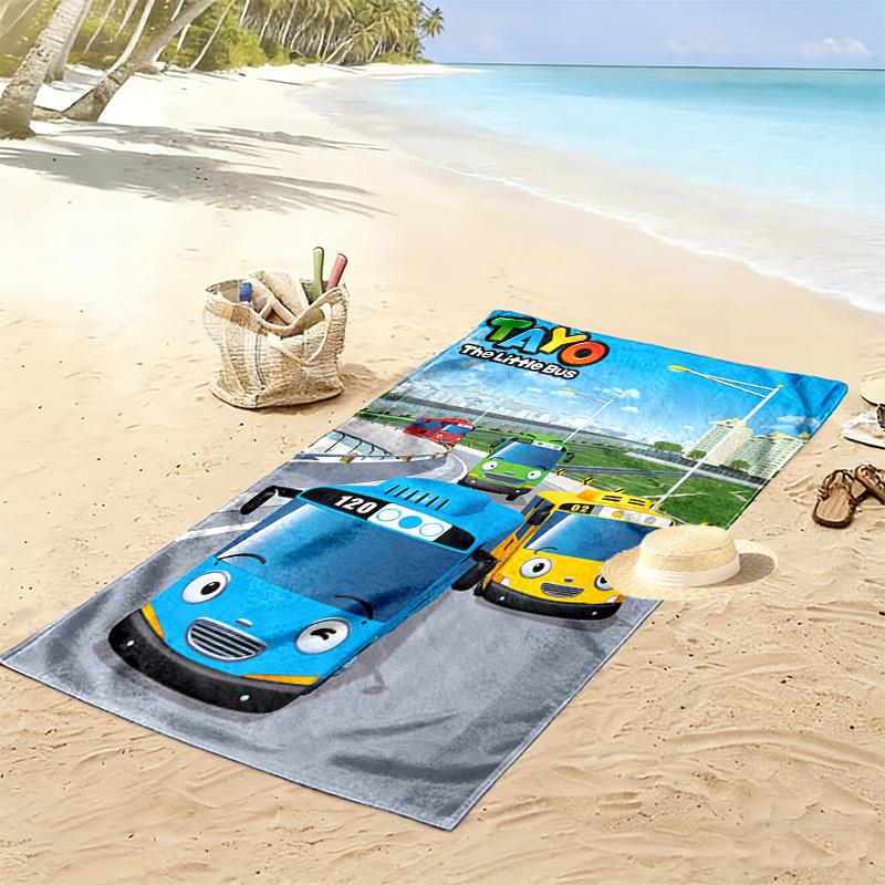 Toalla de Playa Estampado Plano 2D de la Serie Tayo el Pequeño Autobús, Toalla Grande Suave de Secado Rápido para Playa Camping Natación XSTJ0915200