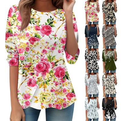Damen Locker Lässig Langarm Oberteil Rundhals Knopf Pull Streifendruck T-Shirt