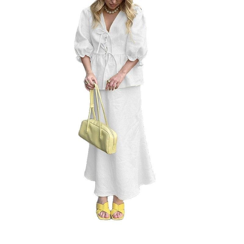 2026 Women's Spring New, Amazon Cross-border Europe and the United States, Fashionable and Elegant Solid Color V-neck Lace-up Dress Set