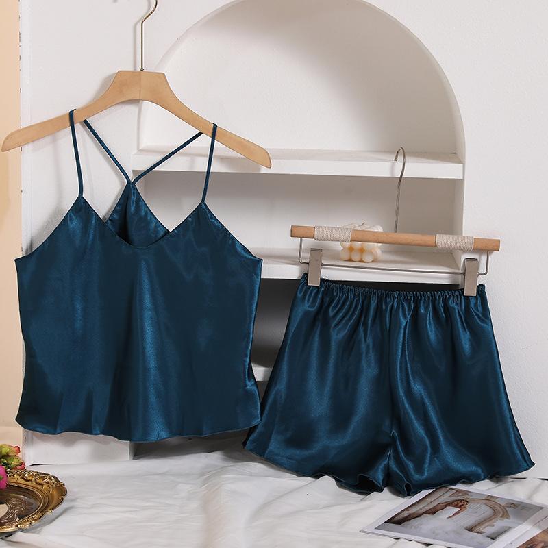 European and American Imitation Silk Pajamas Women's Summer Suspender Pajamas V-neck Summer Sexy Summer Shorts Set