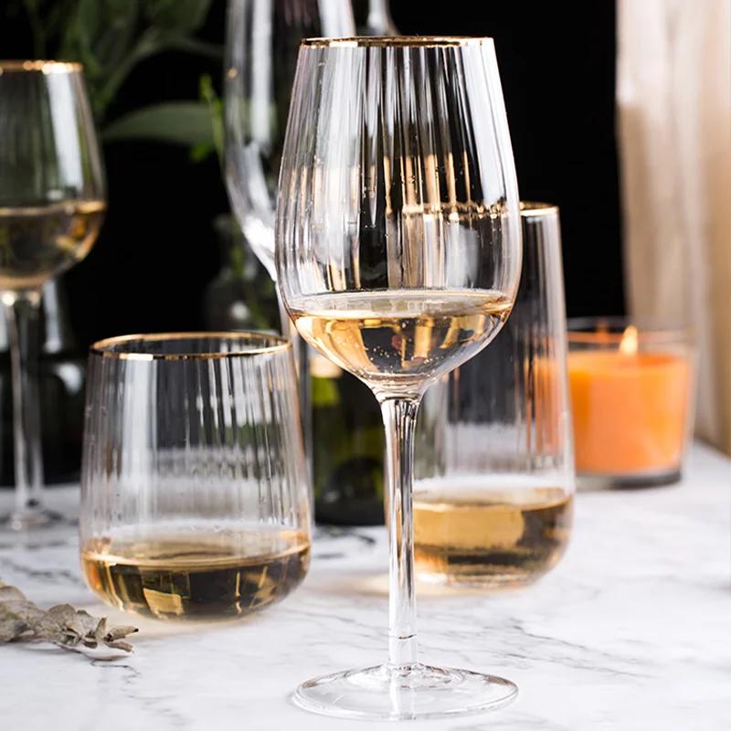 Golden Edge Vertical Striped Wine Glass Wedding Crystal Glass Goblet Champagne Glasses Transparent Vodka Whiskey Cup Beer Glass