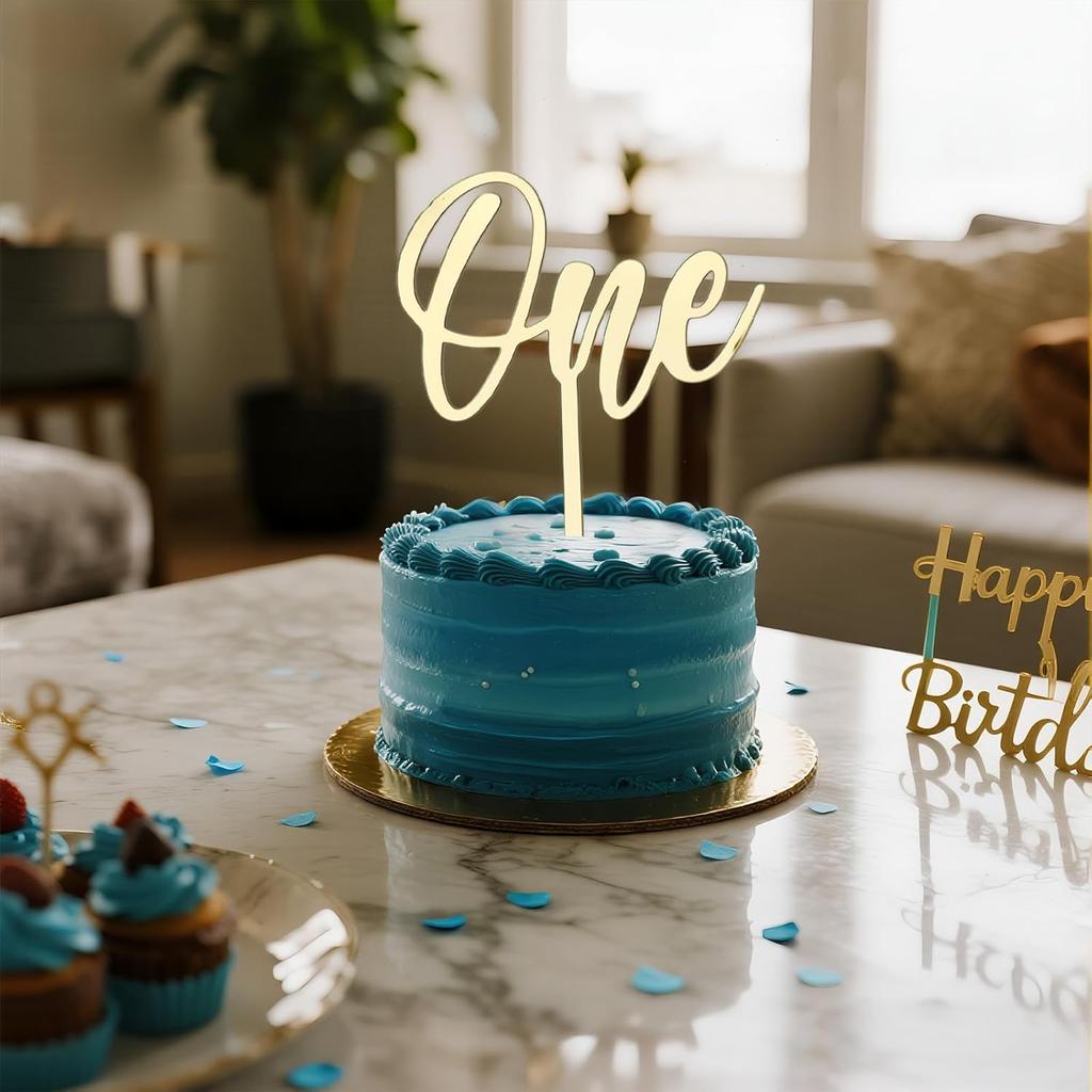 ONE Cake Topper Mirrored Gold Acrylic Sign 1st Birthday Cake Decoration Supplies Suitable for Baby Shower Favors, Gender Reveal, Baby Birthday Party
