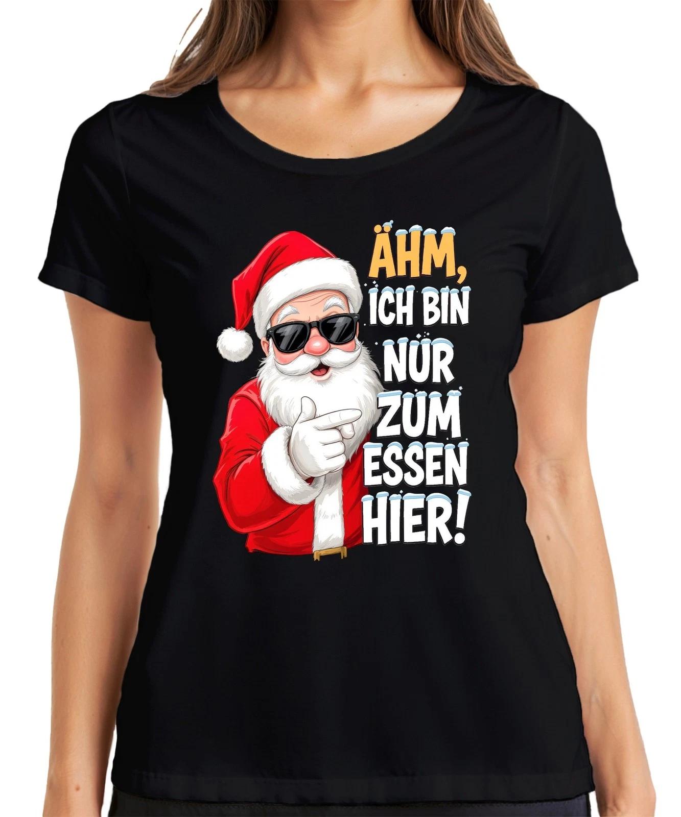 Ähm ich bin nur zum Essen hier Weihnachtsmann lustig Nikolaus Damen T-Shirt L
