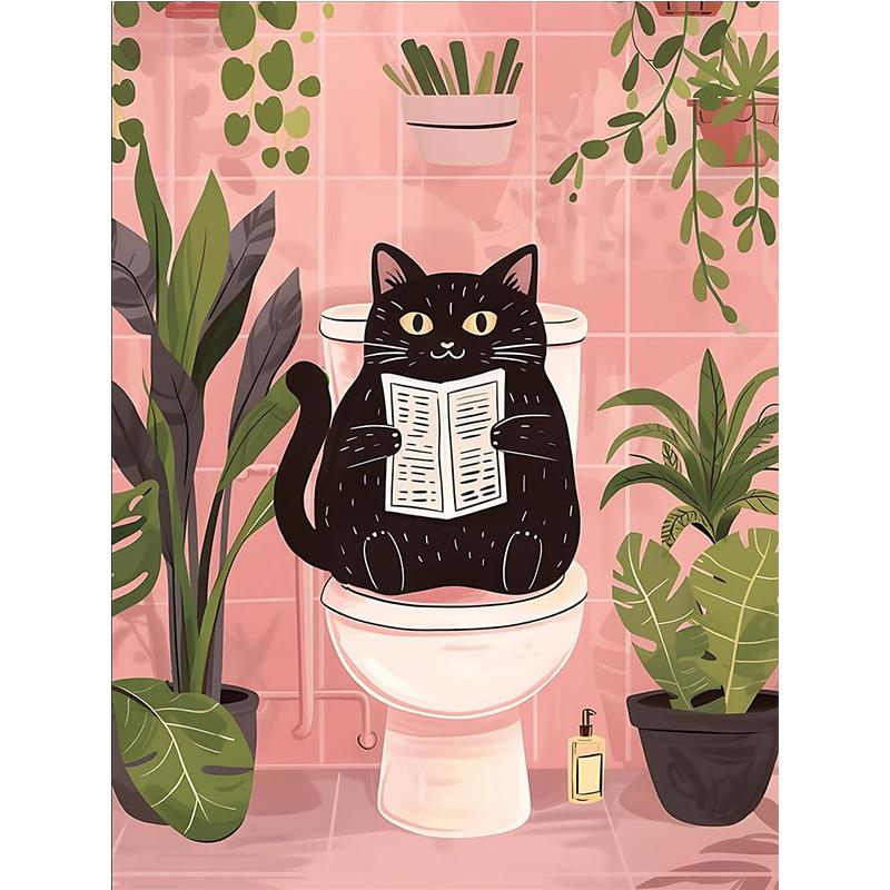 Funny Black Cat Animals On The Toilet Reading Poster Bath Prints Canvas Painting Wall Art Pictures for Toilet WC Home Decor
