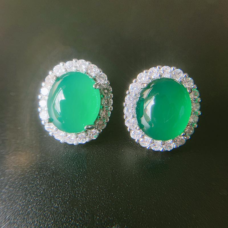 Jewelry Ice Seed Fluorescent Chalcedony Pendant Ring Stud Earrings Geometric Bare Body Jade Pendant Set