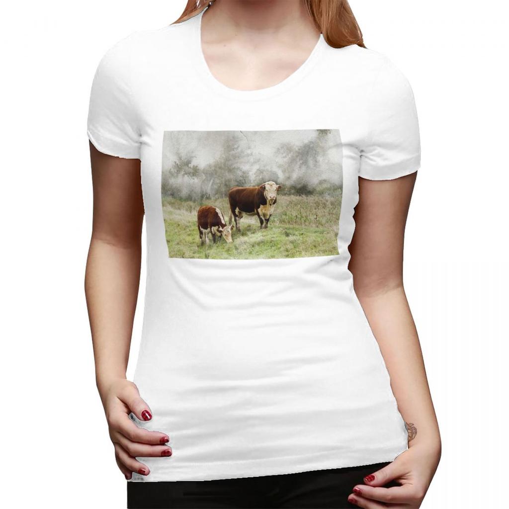 Hereford Bull And Cow Watercolour Photograph TShirt for Women Round Neck Streetwear T Shirts Womens Tees Short Clothes Tops