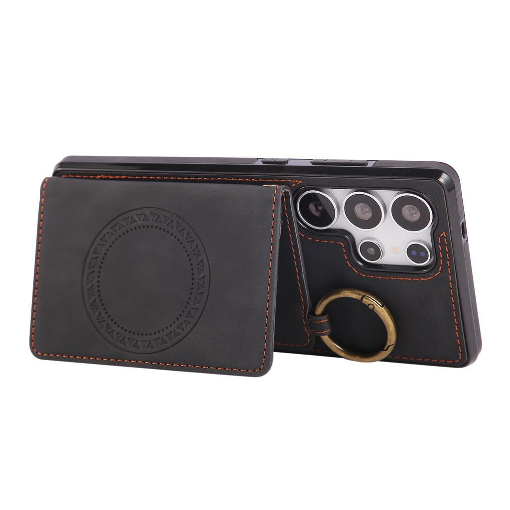 For Samsung Galaxy S24 Ultra Case Card Holder Kickstand Leather+TPU Phone Cover with Ring Holder