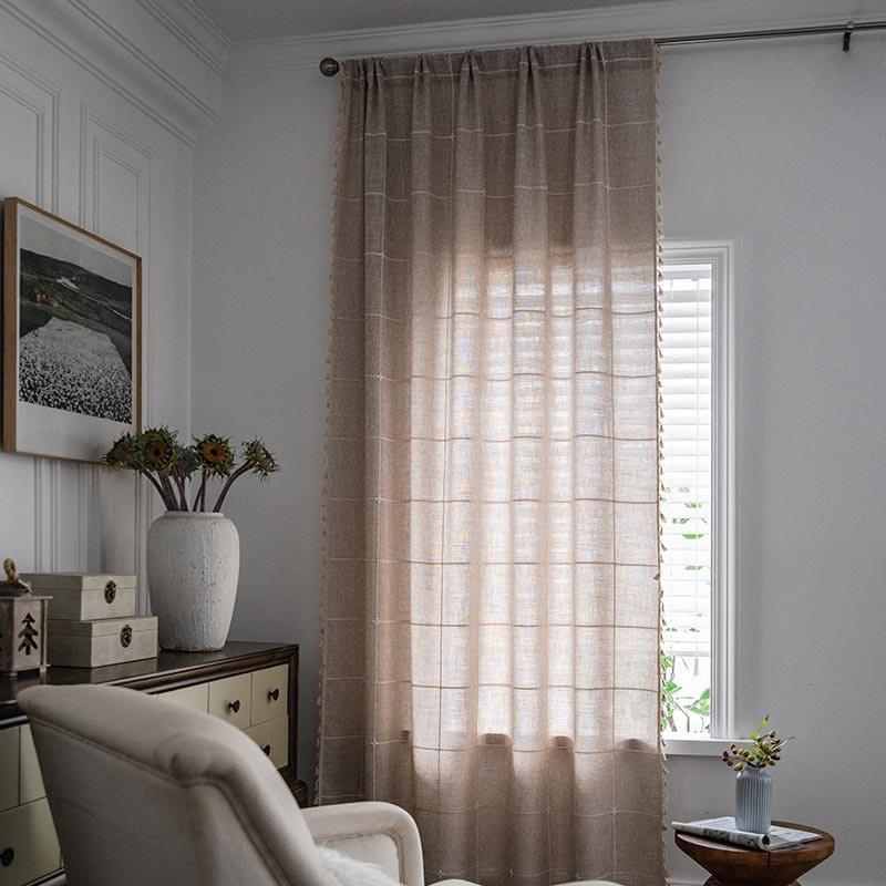 Cotton And Linen Knitted Jacquard Living Room Bedroom Window Beige Tassel Blackout Valance Decorative Shading Curtain