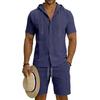 Men's Linen Hooded Shirt & Shorts Cardigan Set with Work Pants - Two-Piece Set in Stock.