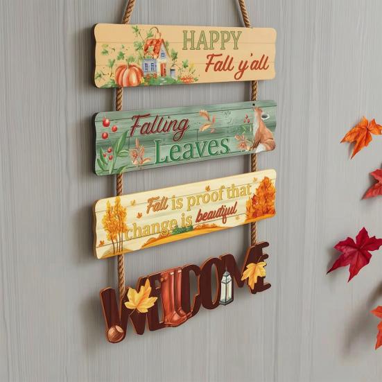 Rustic Pumpkin Door Sign Set, Wooden Scarecrow Wall Hanging Decor with Sunflower and Maple Leaf, Vintage Fall Harvest Welcome Plaque