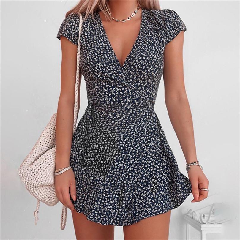 Summer Women Beach Sexy V-neck Sweet Short Sleeved High Waist Skirt Floral Sundress Dress