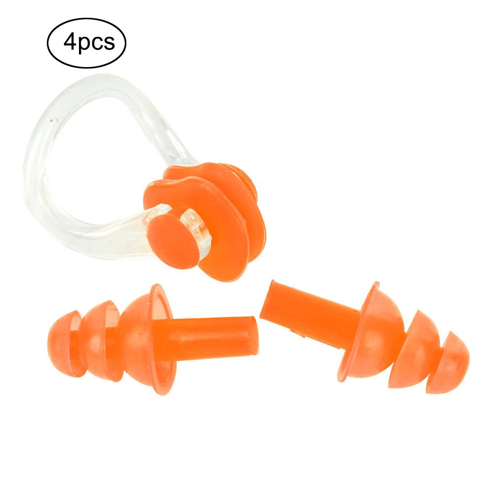 4 Stück Wasserdichte Weiche Silikon Schwimm-Ohrstöpsel Ohrenschützer Nasenklammern Klemmen Set Werkzeuge(Orange)