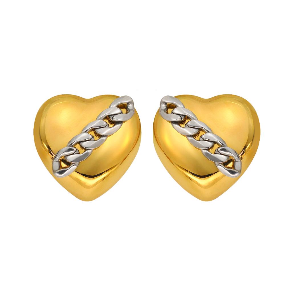 Heart-Shaped Rhinestone-Inlaid 18K Gold Plated Titanium Steel Earrings with Cuban Chain