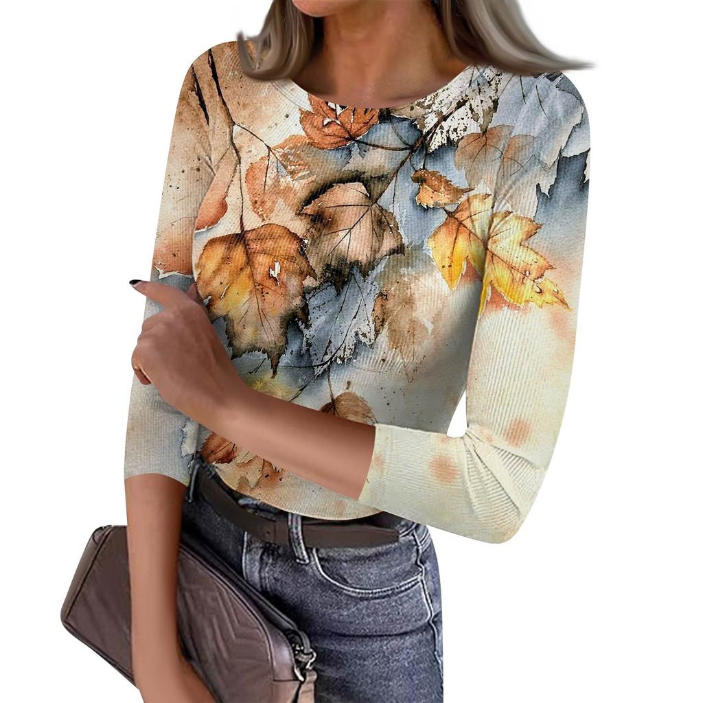 Women's Slim Bottom T-shirt Fashion Casual  Printed Round Neck Pullover Seven Sleeve Top