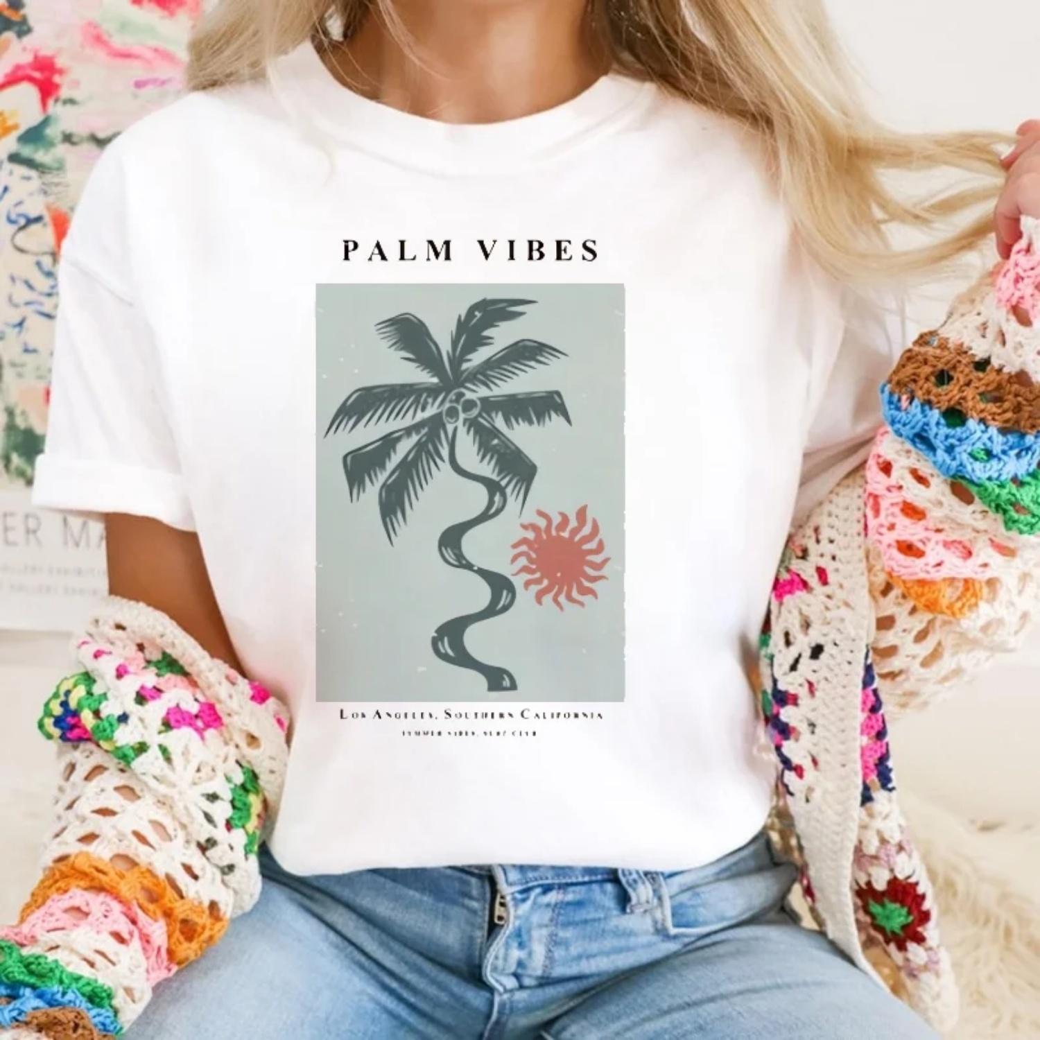 

Palm Pattern Short Sleeved Harajuku Casual Printed Round Neck Women s Clothing Printed Beach Travel Fashion Women s T-Shirt XXXXXL білий