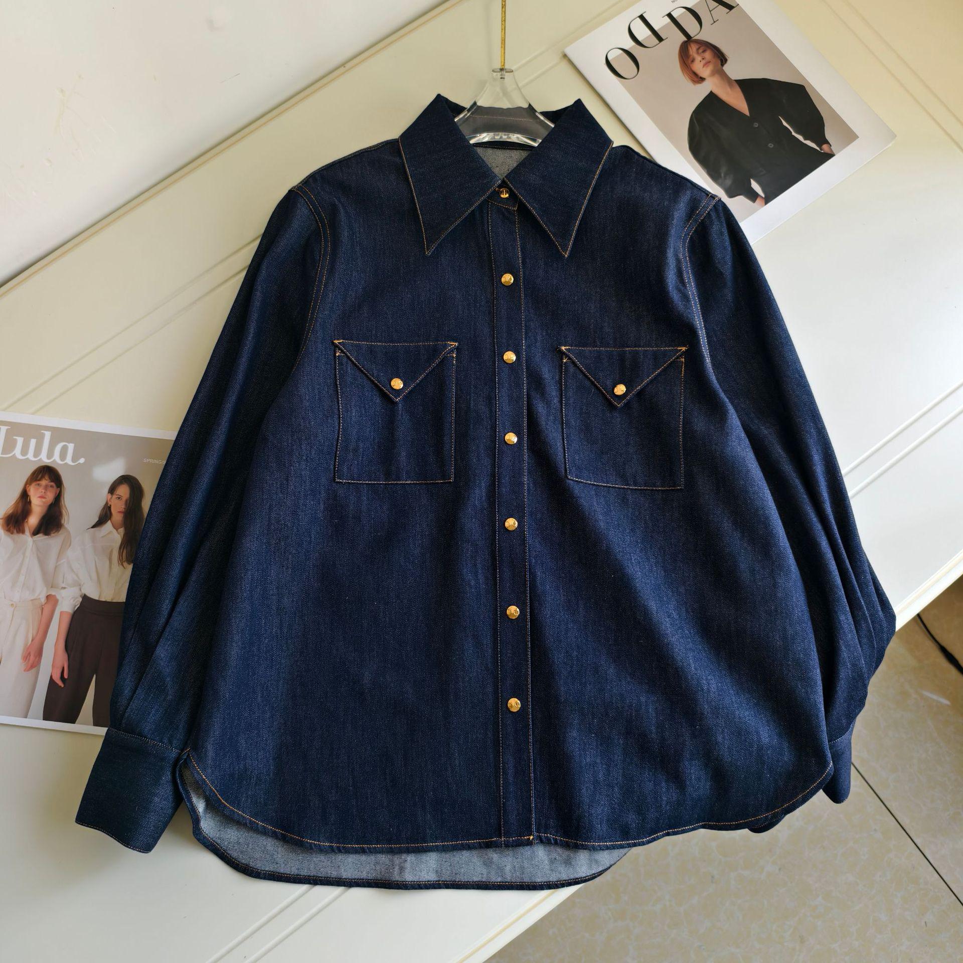 Премиальная джинсовая рубашка-куртка в ретро-американском стиле с отложным воротником, карманами и регулируемыми манжетами Small синий