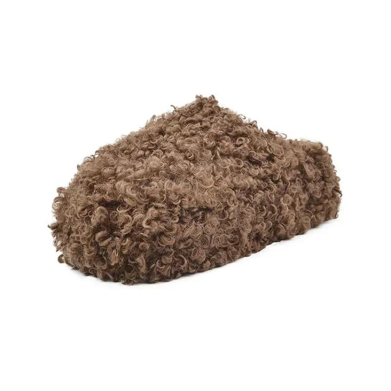 New Thick Heel Luxury Lamb Wool Winter Shoes for Women, Flip Top Flat Cap Shoes with Warm Curly Lamb Wool Slippers for Women
