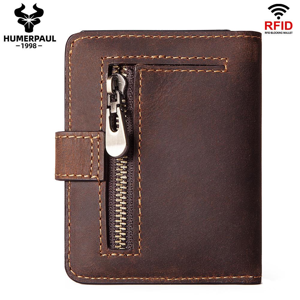 Men's Crazy Horse Leather Coin Purse with RFID Anti-Magnetic Protection, Vintage Short Wallet with Zipper, Genuine Leather Card Holder