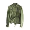 Genuine leather women's new jacket slim fit high street motorcycle stand collar short green jacket trendy