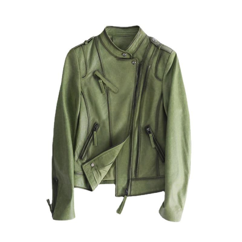 Genuine leather women's new jacket slim fit high street motorcycle stand collar short green jacket trendy
