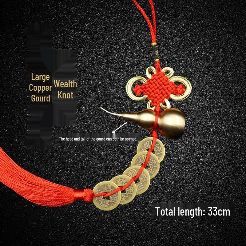 Copper Gourd Five Emperors Coins Chinese Knot Feng Shui Hanging Ornament for Car or Door.