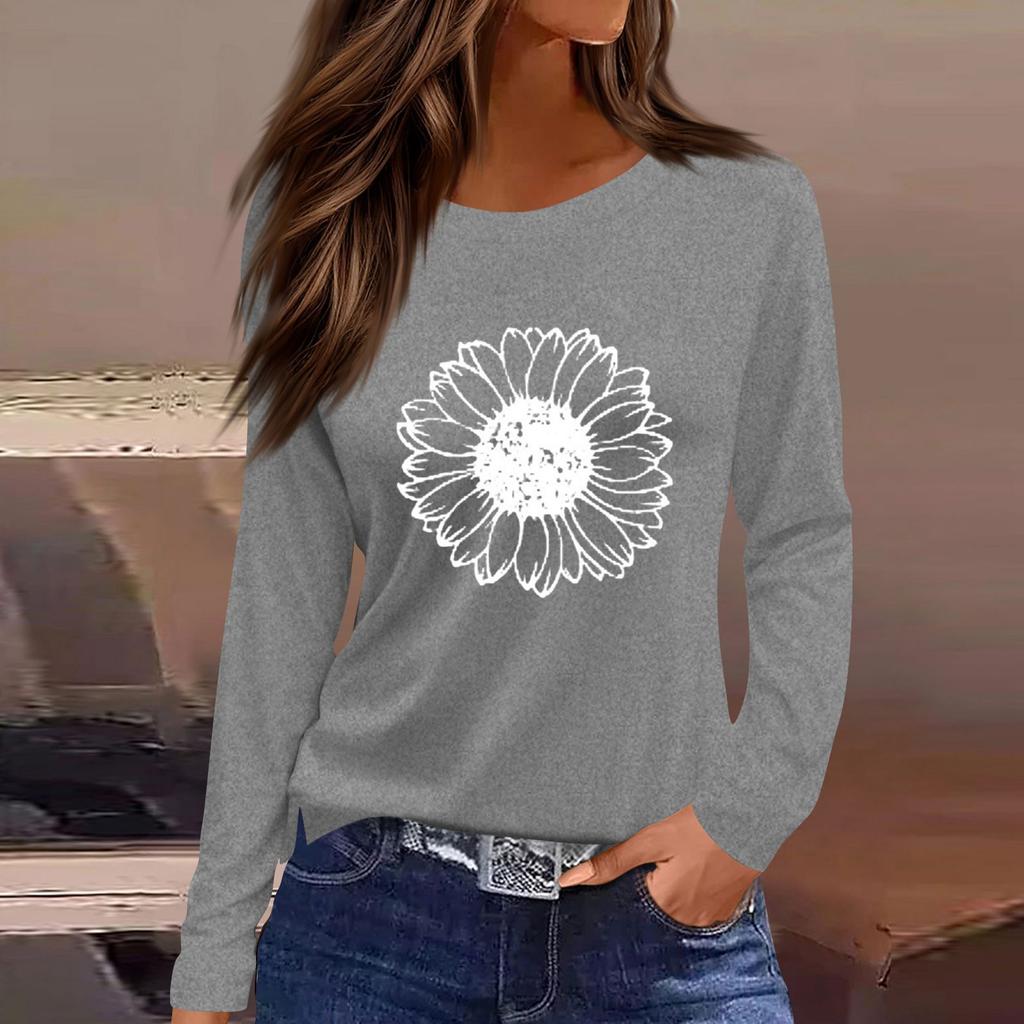 Women's Fashion Casual LongSleeve Print Round Neck Pullover Top Blouse