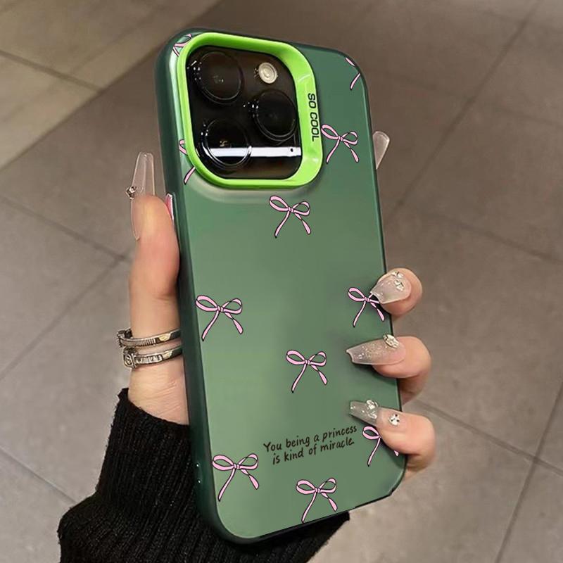 Ins Korean Simple Pink Bow Phone Case for iPhone 15 Pro Max 14 13 12 11 XS X XR 7 8 Plus 15 Luxury Lens Protection Laser Cover