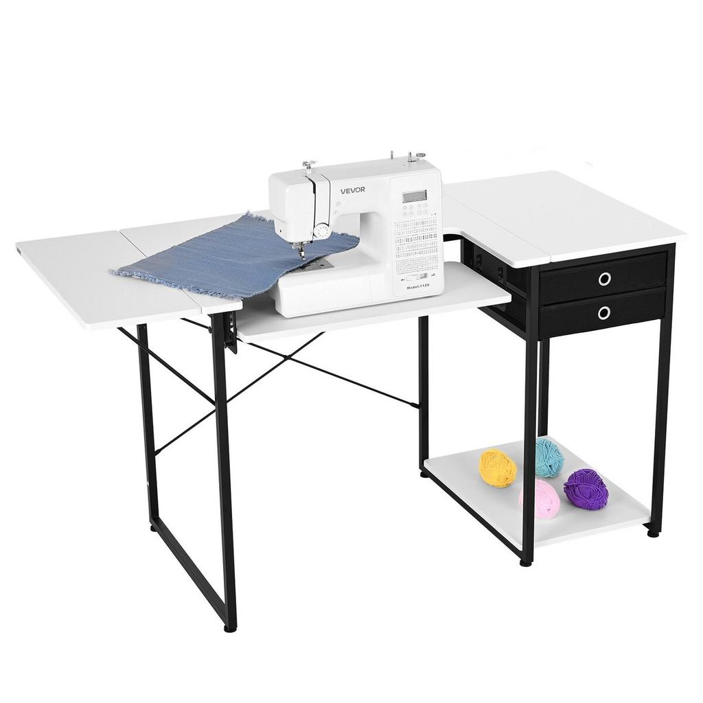 Sewing Table, Multipurpose Sewing Machine Table with Drawers, Foldable Side Shelf, Adjustable Shelf, Steel Legs, Computer Desk for Home, Fashion