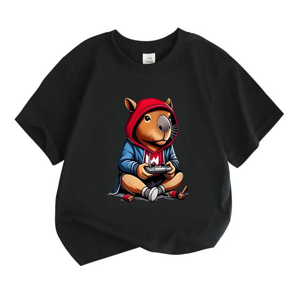 Kids Boys Girls 100% Cotton Crew Neck Short Sleeve T-Shirt, Funny Capybara Gamer Pattern Casual Soft Breathable Tee For Game Lovers Children Daily Wea