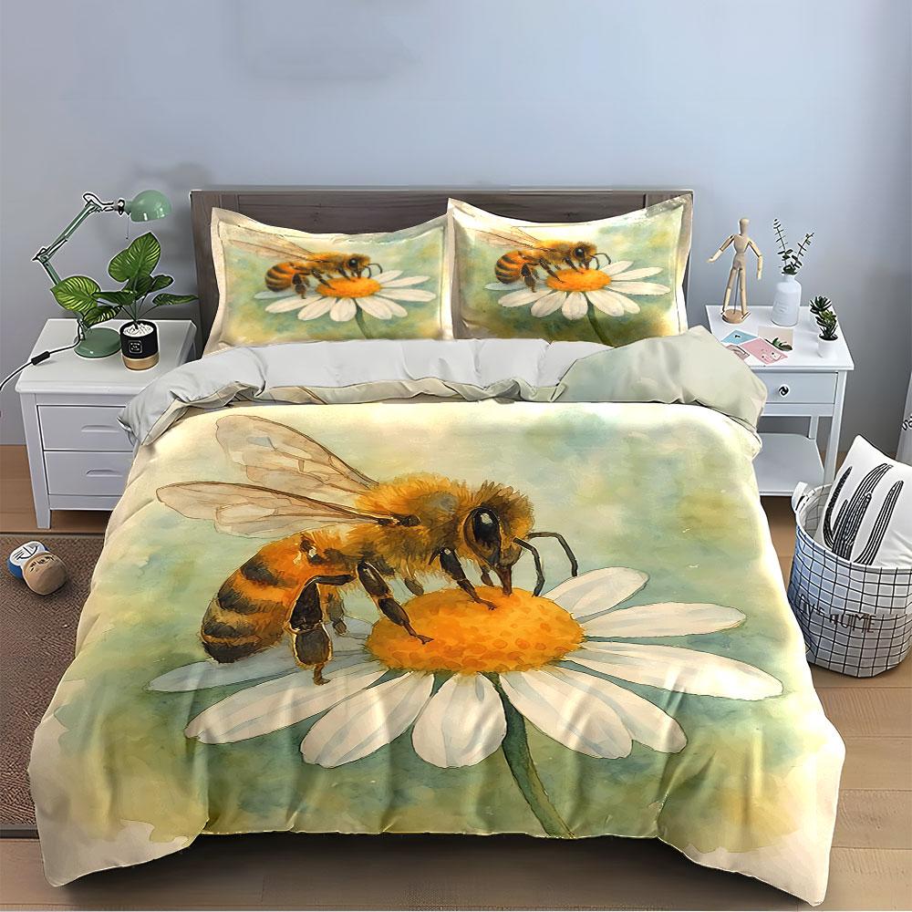 Bee on Daisy Watercolor Print Bedding Duvet Cover Set Duvet Cover Pillowcases (1*Duvet Cover 2*Pillowcases, without duvet insert)