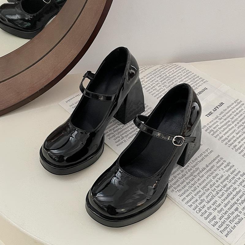 Small Leather Shoes Women's 2025 Spring New Thick Heel Thick Sole Black Versatile Height-enhancing Mary Jane High Heels