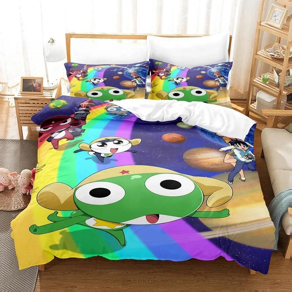 3D Kawaii Cartoons Bed Sheet Keroro Frog Bedding Set Single Twin Full Queen King Size Bed Set Adult Kid Bedroom Duvet Cover Sets