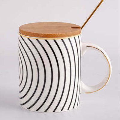 400ml Creative Geometric Design Couple Gift Mug With Wooden Lid And Stainless Steel Spoon Ceramic Breakfast Coffee Tea Cup 301-400ml