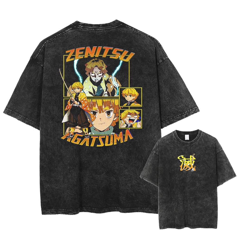 Japan Anime Demon Slayer Agatsuma Zenitsu Print T Shirt Men Washed Cotton T-shirts Manga Casual Tee Harajuku Male Vintage Tshirt