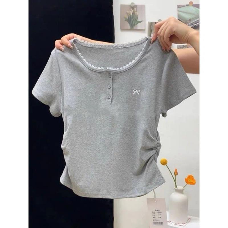 Women Lace Trim U-neck T-shirt Short Sleeve Side Ruched Casual Solid Color Tee with Bow Embroidery