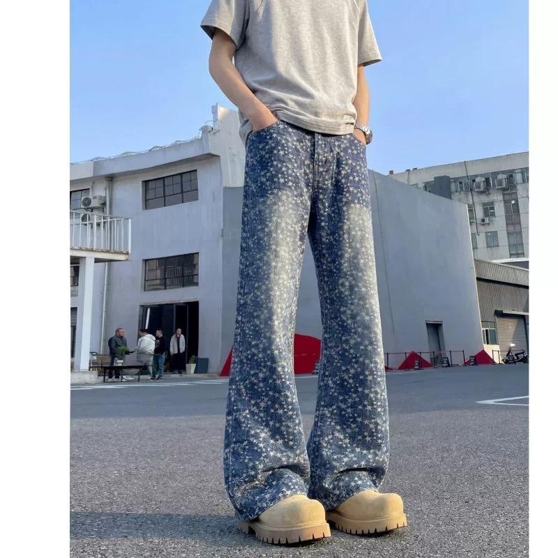 American retro washed old star-printed jeans men's thin and versatile pants micro-flared pants blue