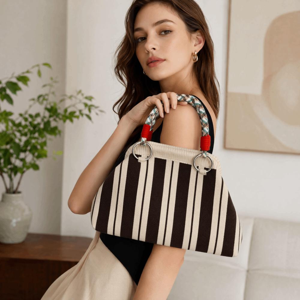 Colorful Print Top Handle Purse Knit Fabric Dumpling Shoulder Bag Cute Woven Handle Handbag  Work