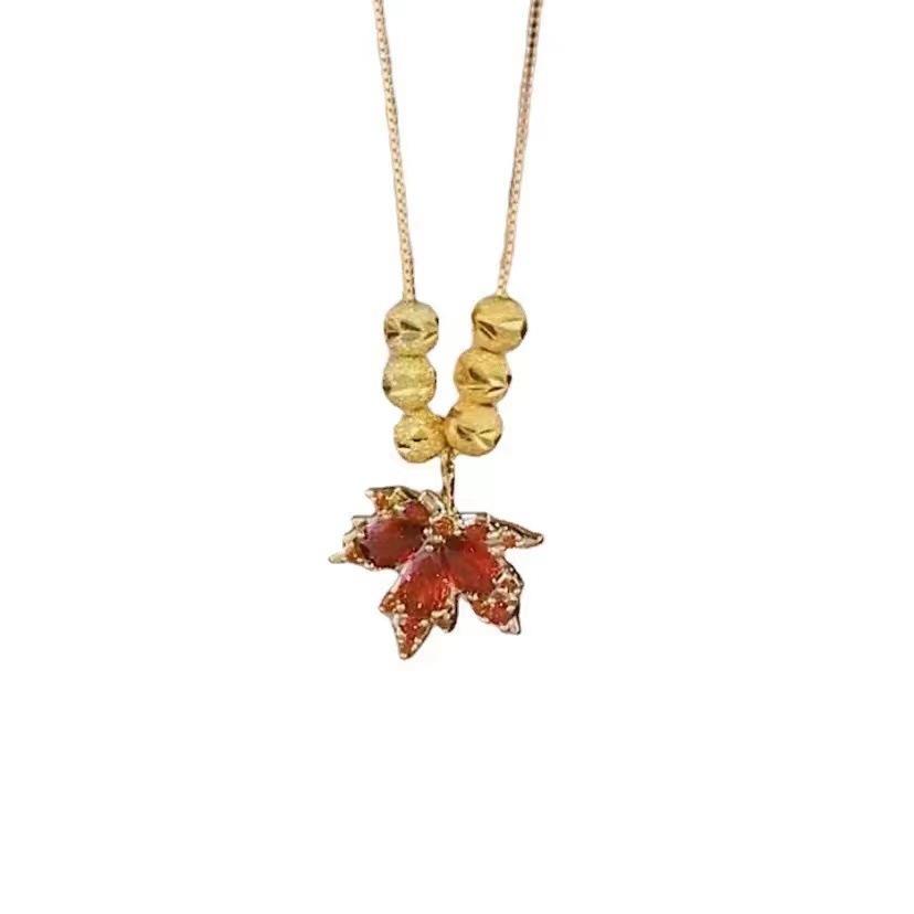 Red Maple Leaf Liufu Bead Necklace for Women's Fashionable Versatile Collarbone Chain High-end and Simple