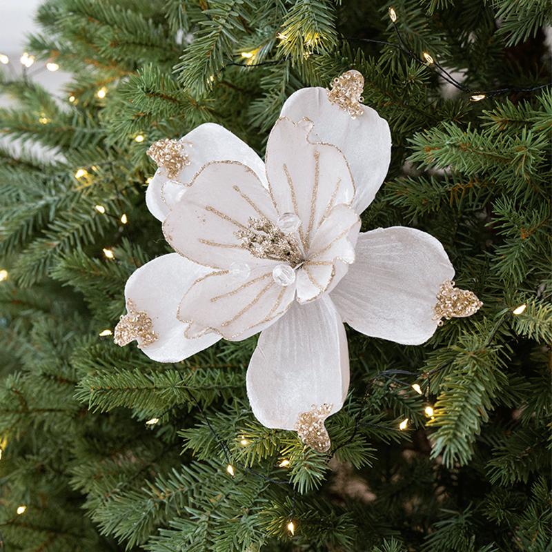 22CM Glitter Accents Flower Floral Decor Eco-Friendly Fabric Reusable Fabric Elegant Simulated Christmas Flowers Holiday Staging