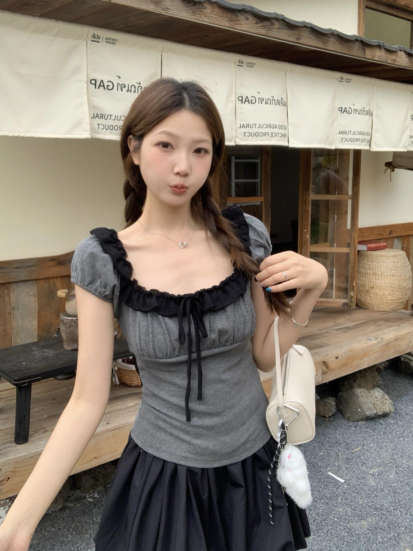 Plus Size Women s Sweet Ruffled Square Neck Slimming Top M темно-серого