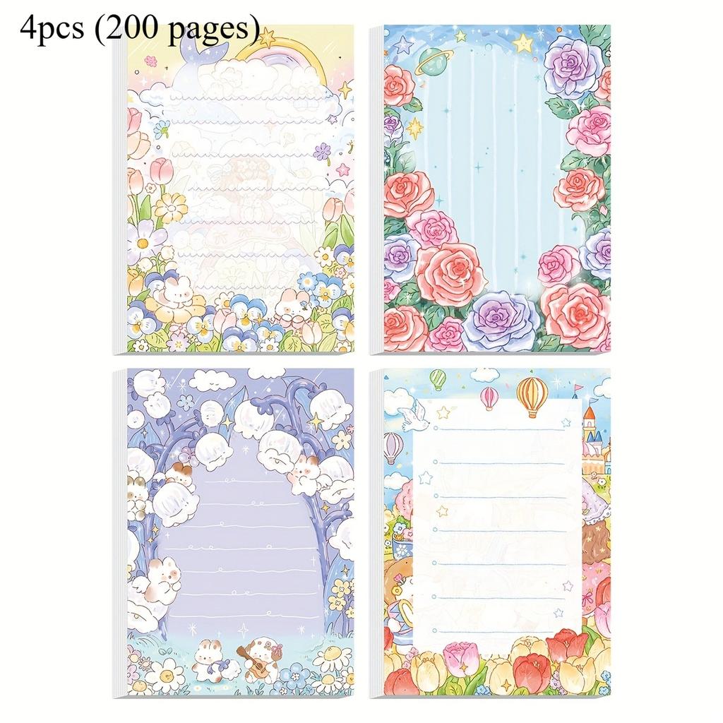 4pcs (200 Pages) Dream Garden Memo Pad Thick Paper Home Office and School Message Pads Mini Cute Stationary Supplies 2.95*4.33in