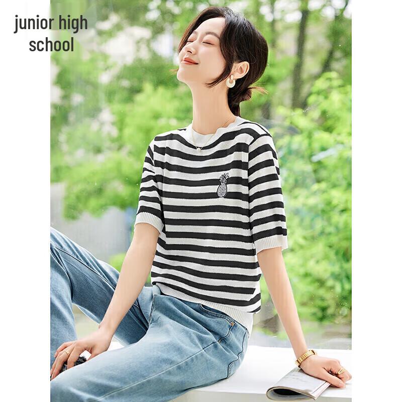 Chushen Women s Striped Ice Silk Knitted Short-Sleeve T-Shirt One Size