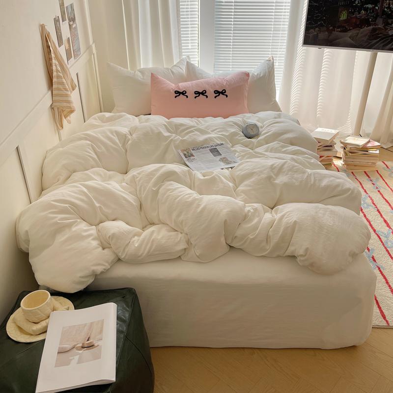 Solid INS Style Bedding Set For Adults Kids Pink Cotton Fitted Flat Sheet With Pillowcases Colorful King Queen Full Size