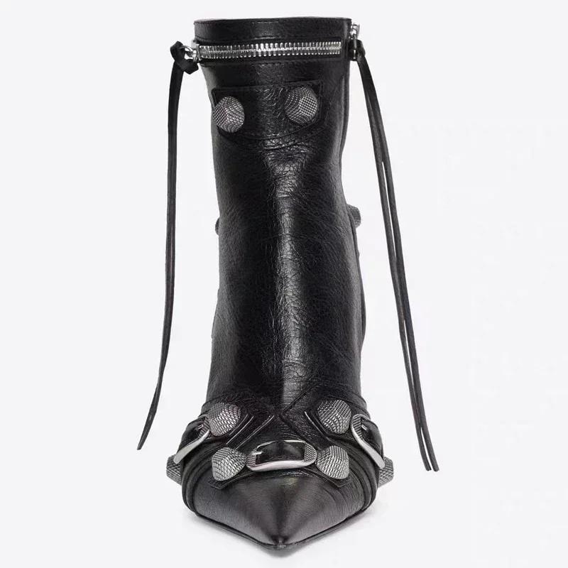 Fashion High Thin Heeled Ankle Boots for Women Metal Decor Rivet Fringed Zip Ppinted Toed Motorcycle Lady Booties Women Shoes