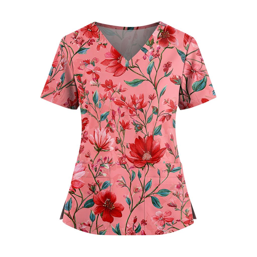 Women's floral print V-neck double pocket short-sleeved uniform/caregiver top with slits at the hem