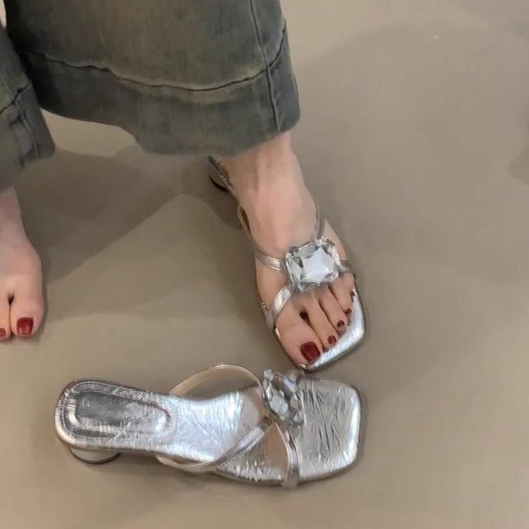 New French High-end Large Rhinestone Square Head Stiletto High Heels Women's Sexy Patent Leather Open-toed Round Heel Slippers