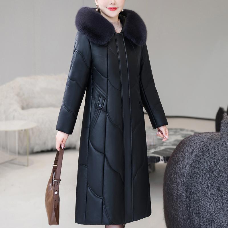 Middelbare leeftijd Vrouw Winter Faux Schapenvacht Jassen Capuchon Bontkraag Elegant Dik Warm Winter Lange Parka's Dames Leren Jas