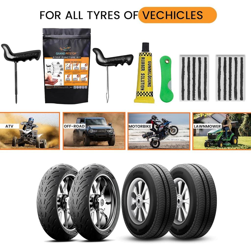 Universal Tubeless Tyre Puncture Kit | (Strip-Based) | Flat Tyre Repair Tool for Cars, Bikes, Trucks, Autos | Easy To Use | Emergency Tire Kit